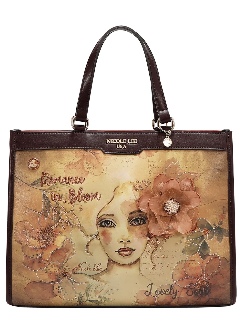 Nicole Lee Cream and Brown 'Romance in Bloom' Floral Tote
